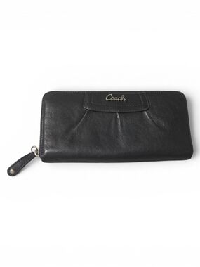 Coach Black Leather Zip-Around Wallet with Logo Plaque